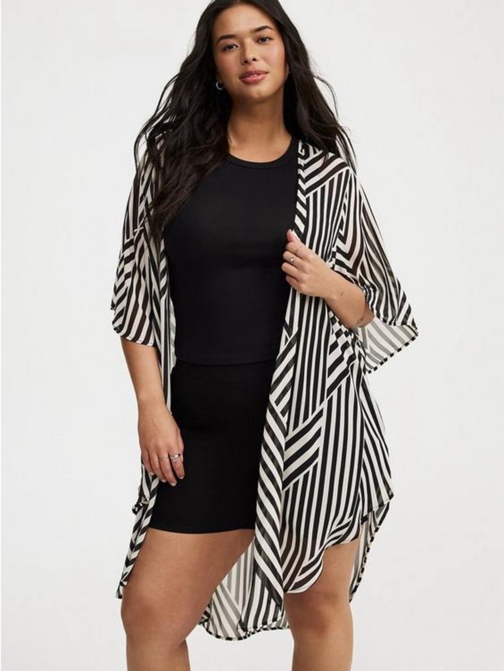 Torrid Black and White Striped Shirttail Chiffon Kimono